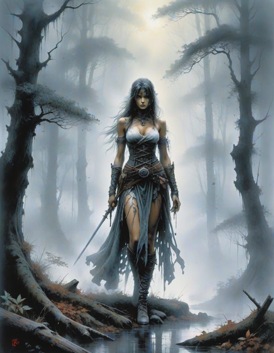 Mysterious Figure in Foggy Forest, Fantasy Art