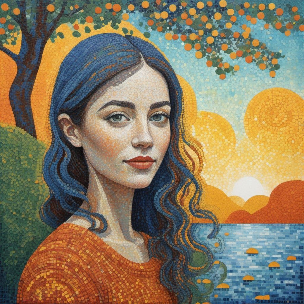 Whimsical Pointillist Portrait of a Young Woman