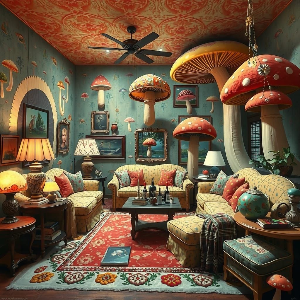 Whimsical Surrealist Wonderland with Fantastical Mushrooms