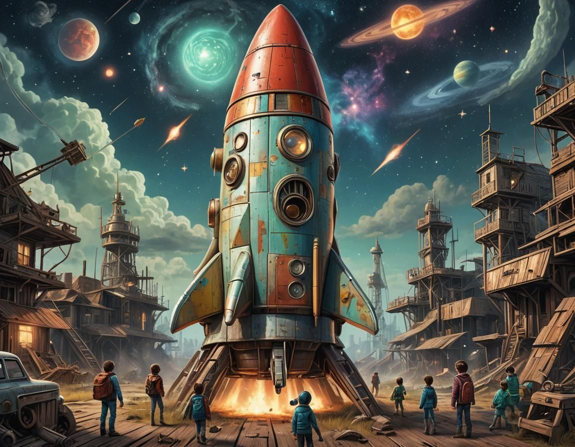 Children's Wooden Rocket in Astral Illustration Style