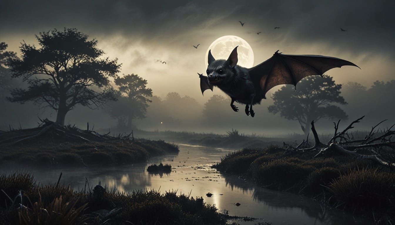 Vampire Bat Soars Above Foggy Moor Under Pale Moonlight