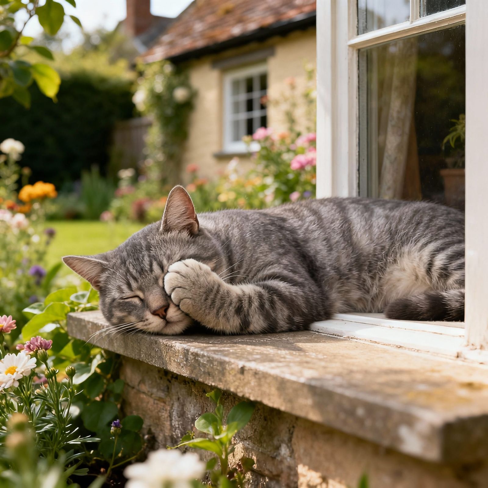 Grey Tabby Cat Sleeps on Cottage Windowsill in Garden