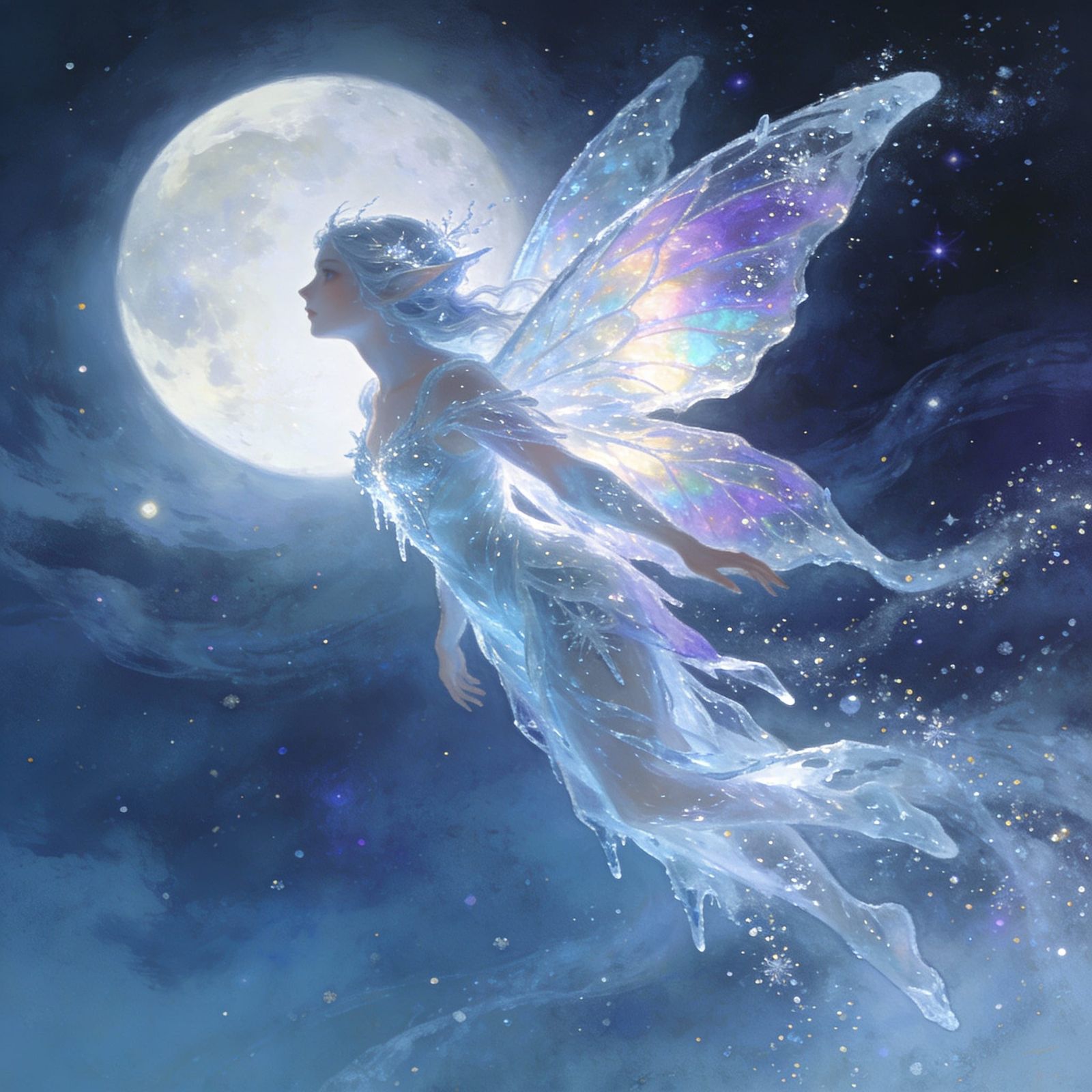 Ethereal Snow Fairy in Moonlit Celestial Flight