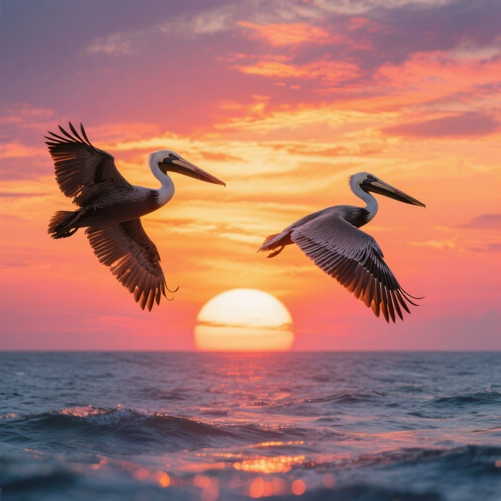 Vibrant Sunrise with Pelicans in Flight