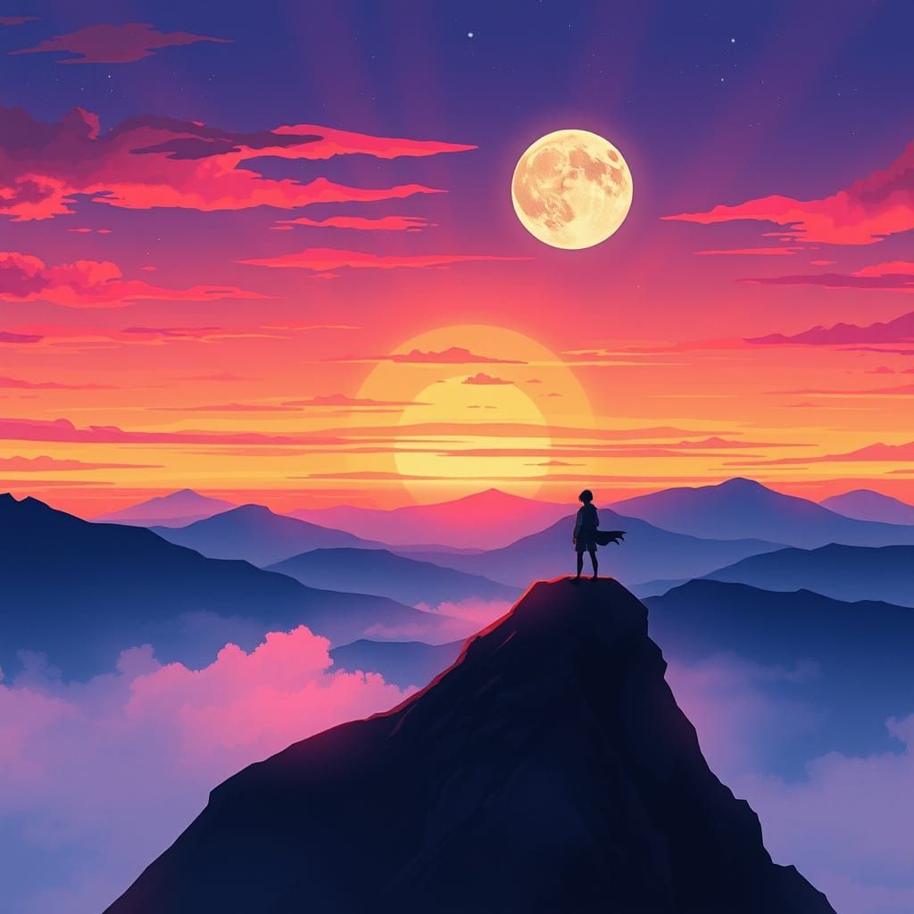 Anime Figure Amidst Sunset Mountain Landscape with Rising Mo...