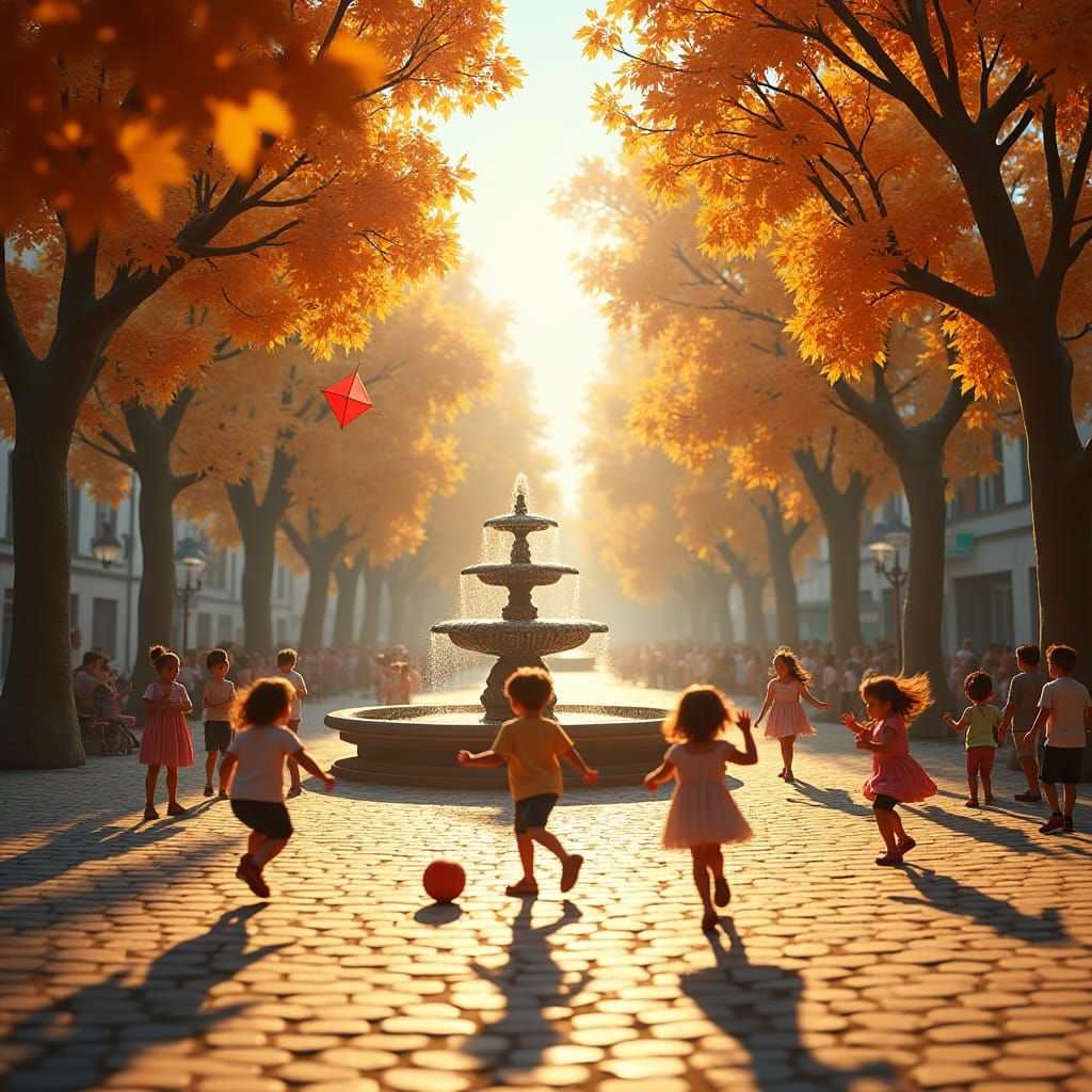 Children Playing in Autumn Square: Digital Concept Art