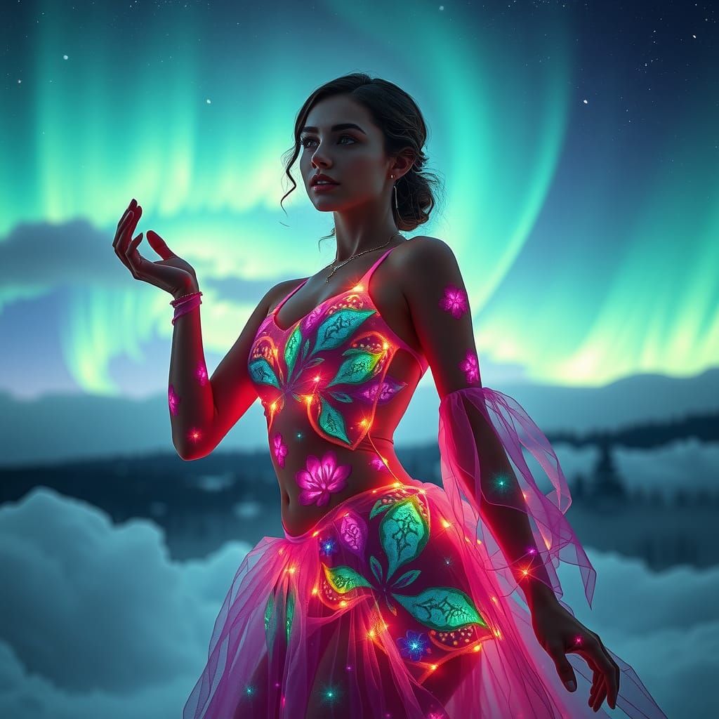 Double exposure northern lights on the sky  silhuette  of fu...