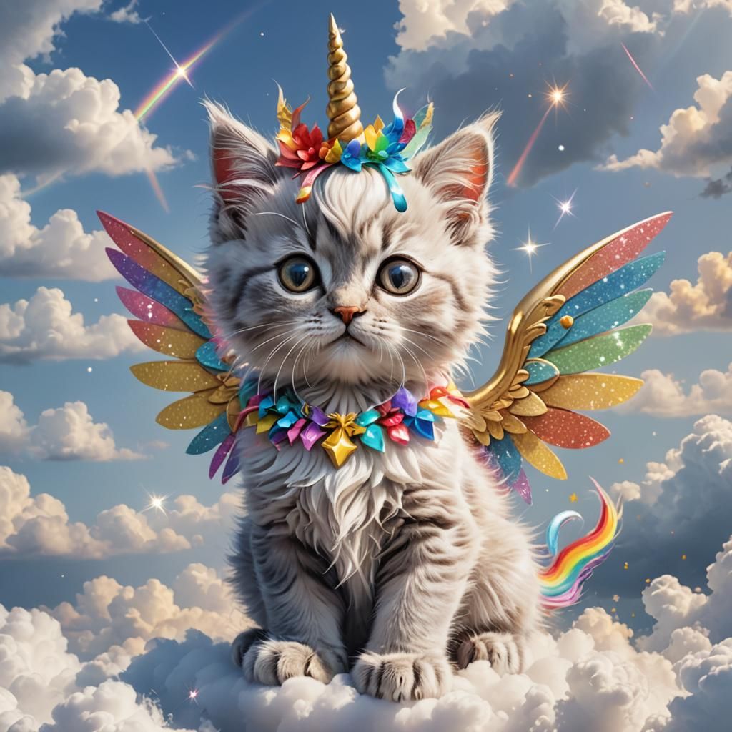 Rainbow Unicorn Kitten with Fairy Wings in Clouds