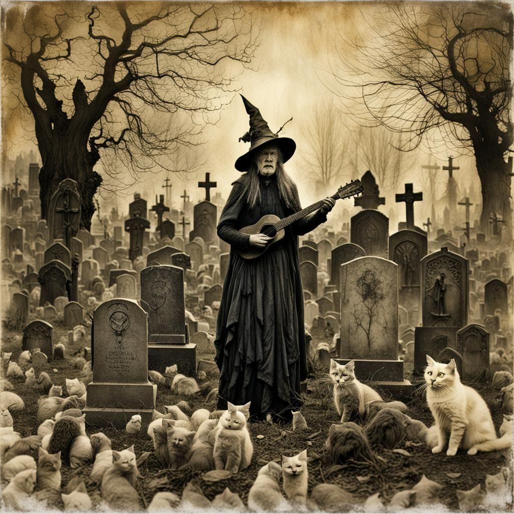 Encaustic Witch Portrait in Graveyard with Cats