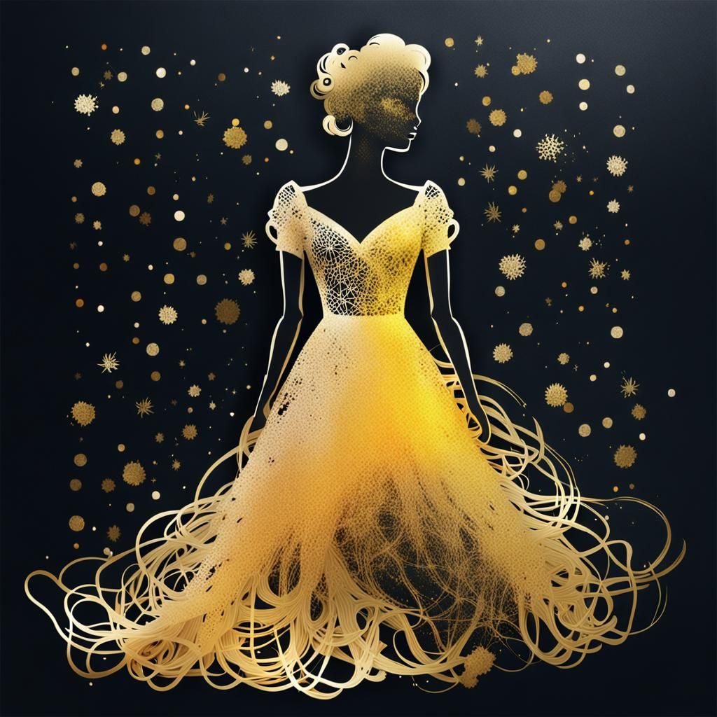 Golden Spaghetti Dress Silhouette Double Exposure Art