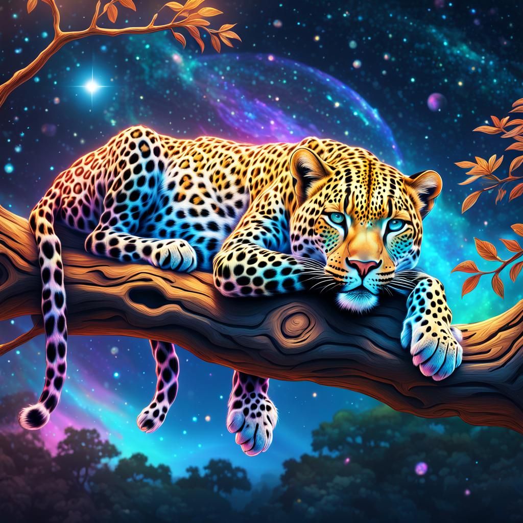 CGI Leopard Napping: Holographic Cosmic Illustration