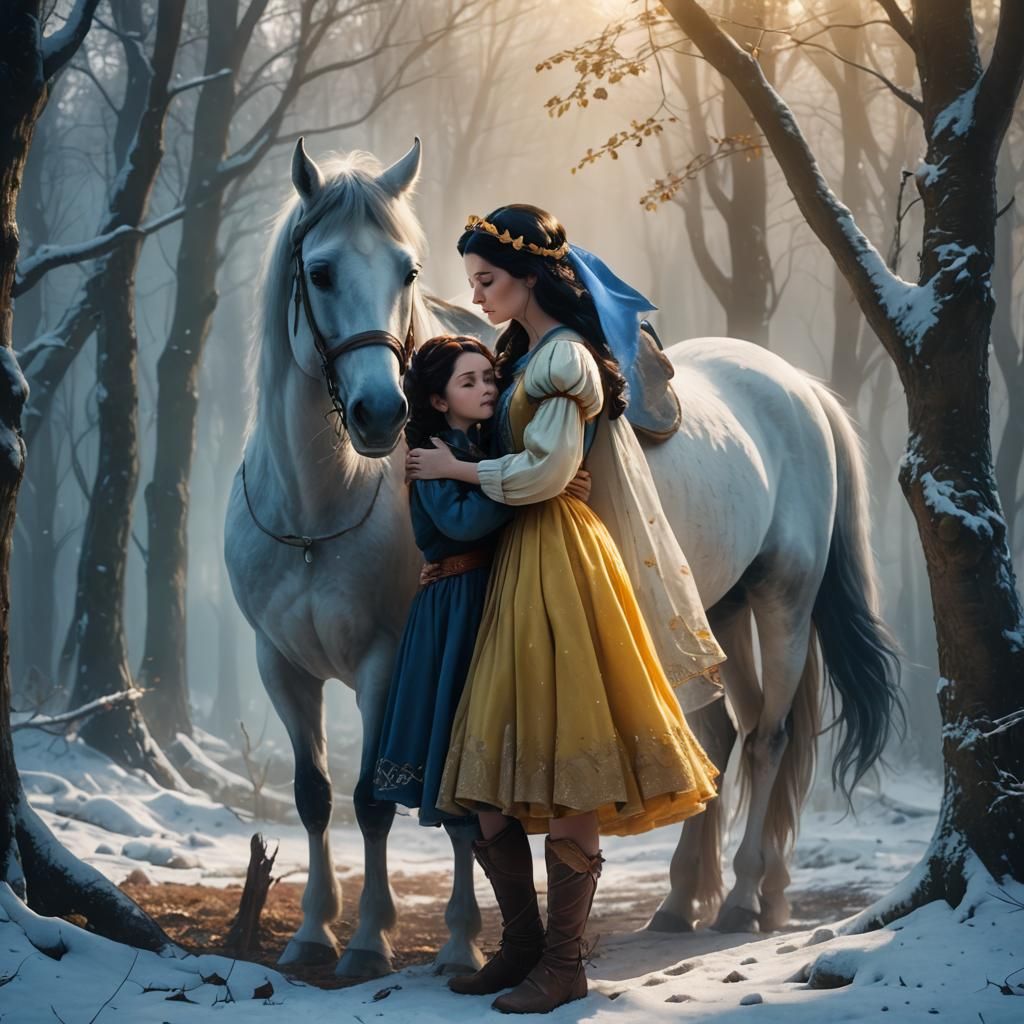 Snow White's Misty Forest Embrace: Fantasy Art