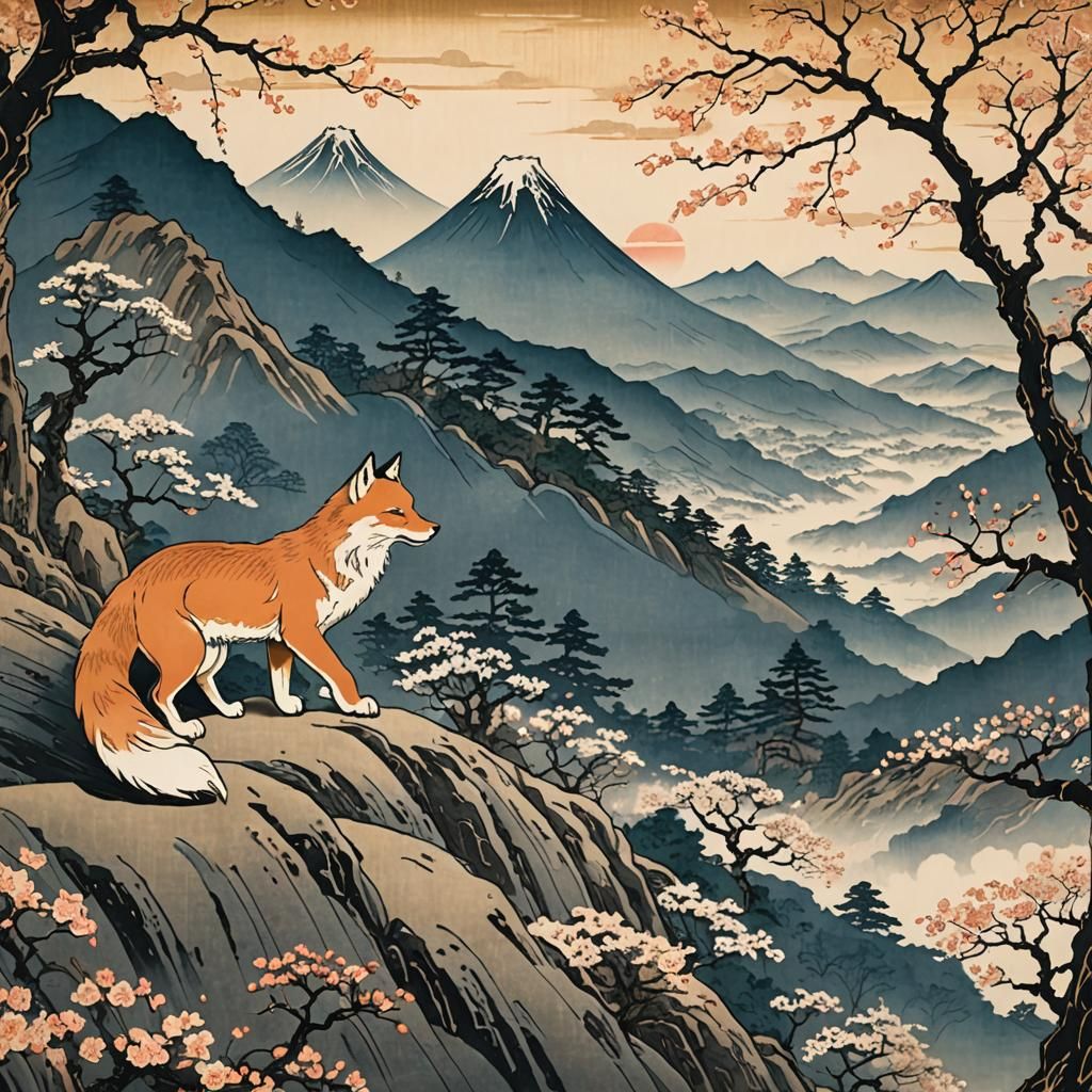 Kitsune Descends Misty Mountain: Ukiyo-e Print