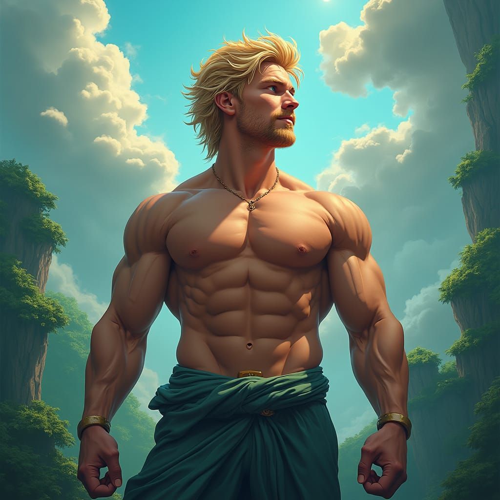 Heroic Demigod in Lush Fantasy Landscape