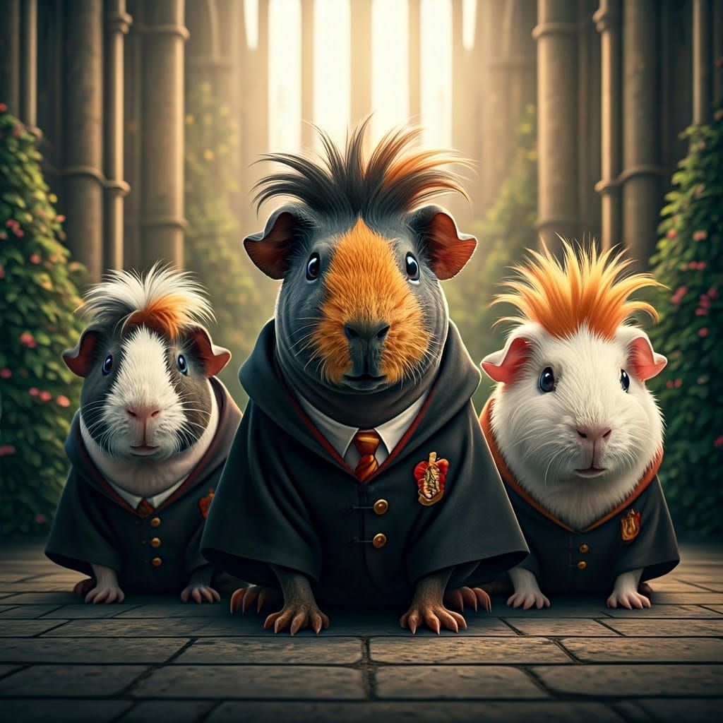 Guinea Pigs in Hogwarts Attire: Hyperrealistic Photography