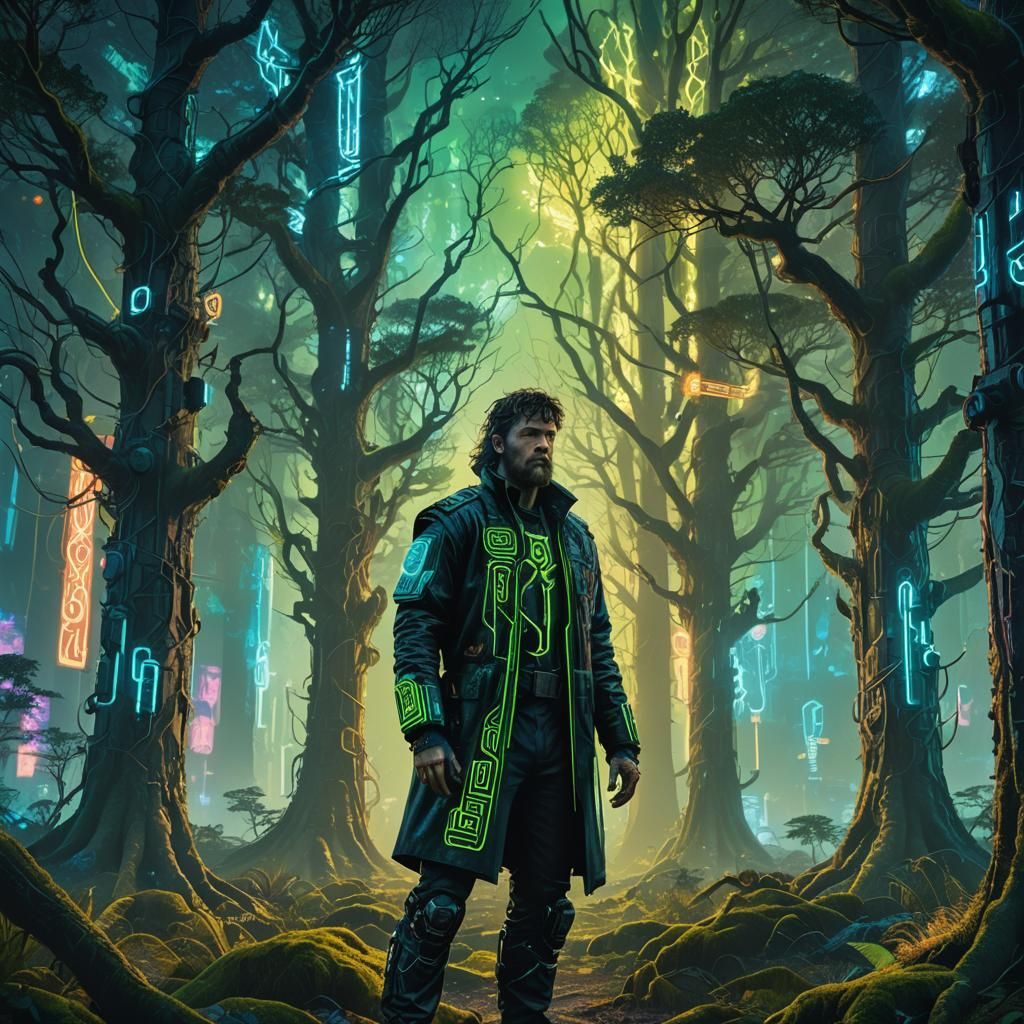 Tom Bombadil in Cyberpunk Forest: Fantasy Concept Art