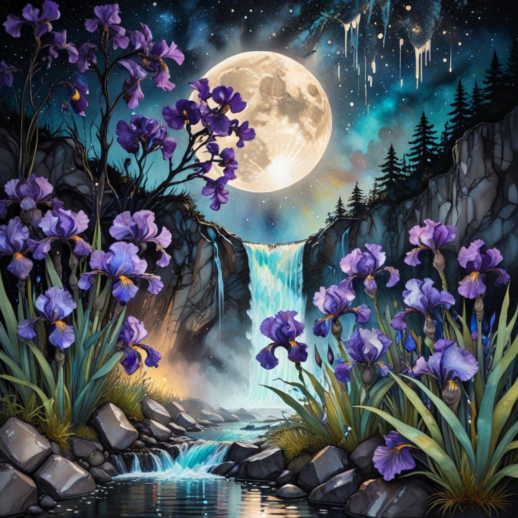 Iridescent Black Iris Flowers in Moonlight