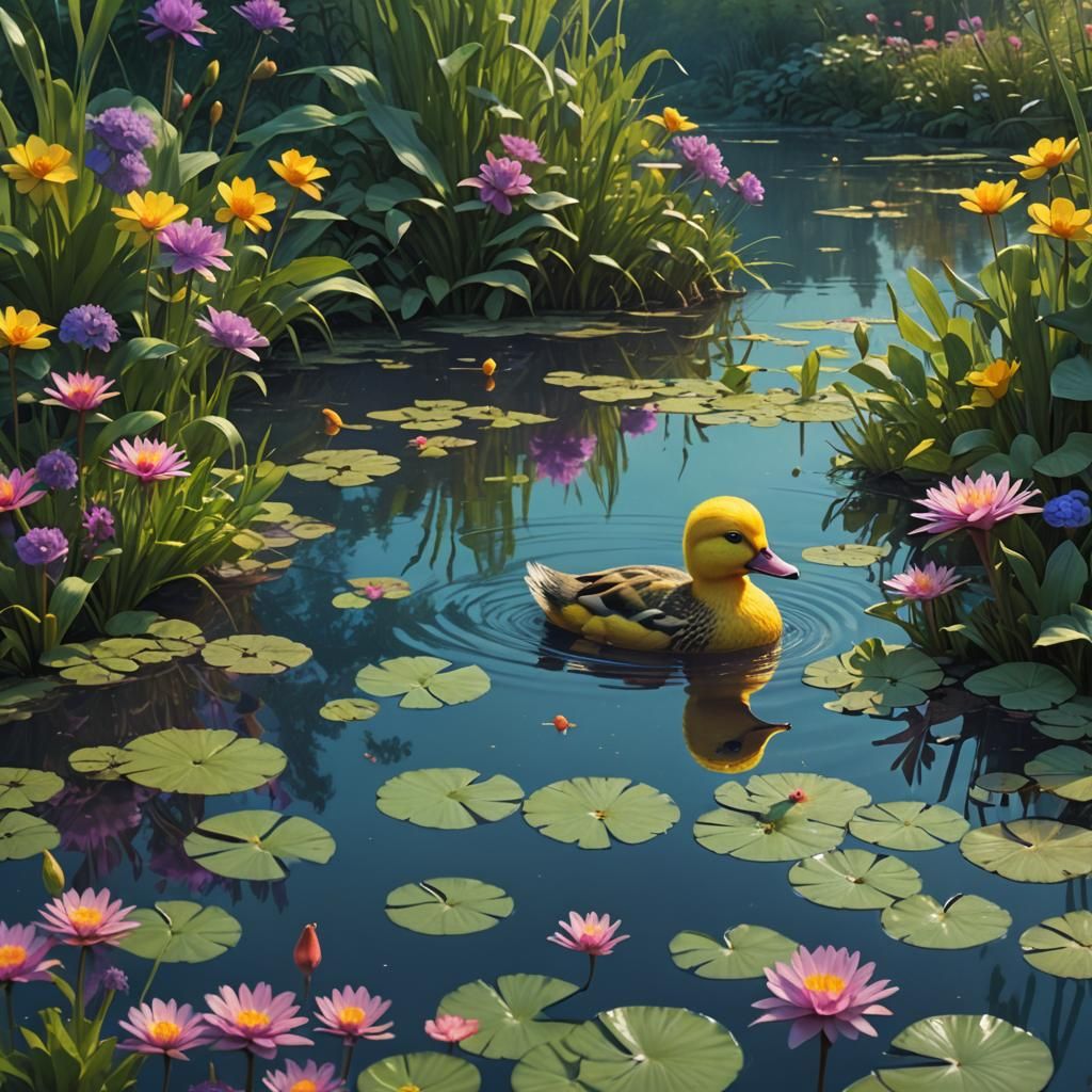 Duck in Dreamlike Pond, Detailed Matte Painting