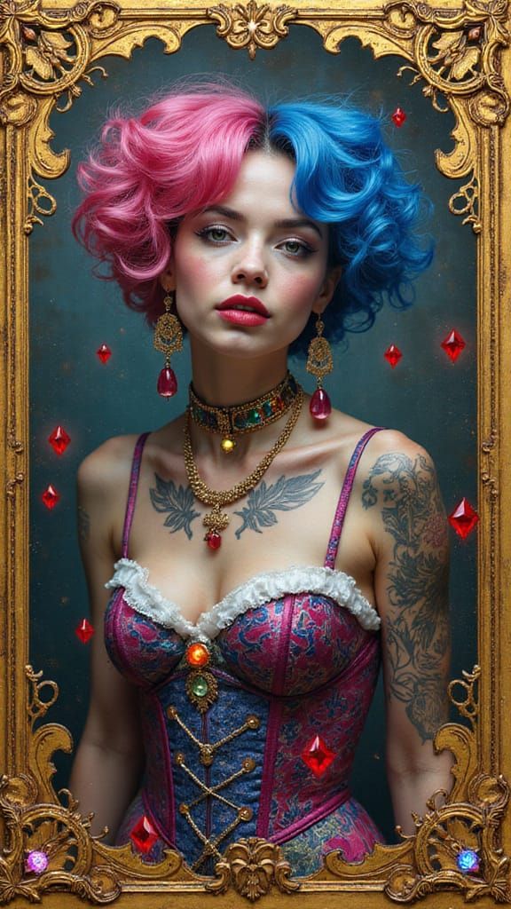 Majestic Chaotic Queen Portrait in Whimsical Golden Hues