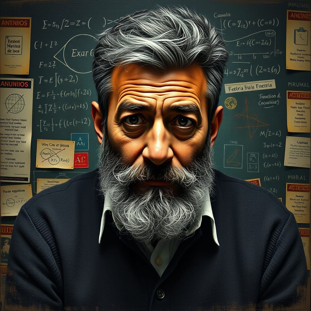 Tired Professor Surrounded by Math and Science Posters