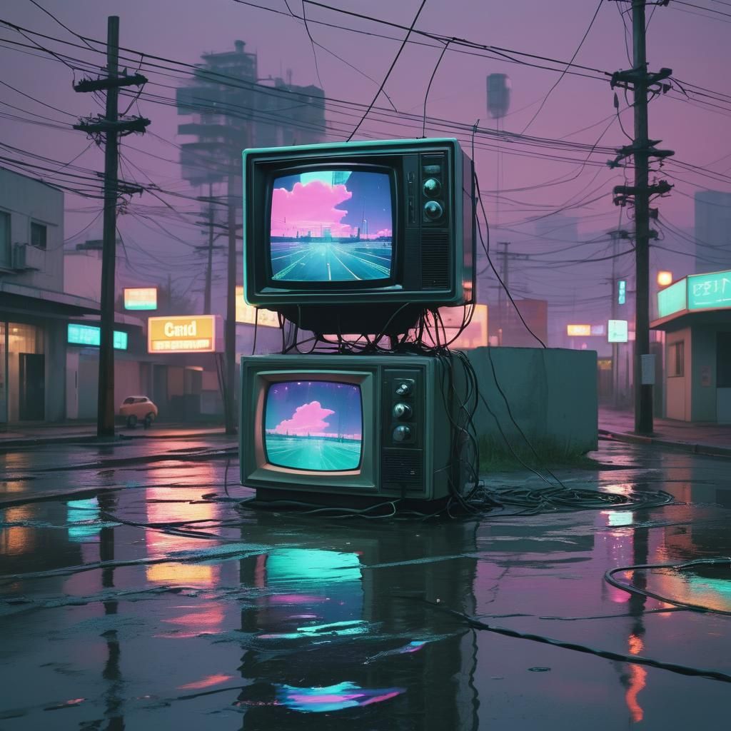 Vaporwave TV Set Over Submerged Street