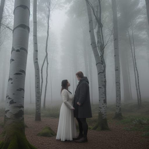 Mysterious Figures in Misty Birch Forest