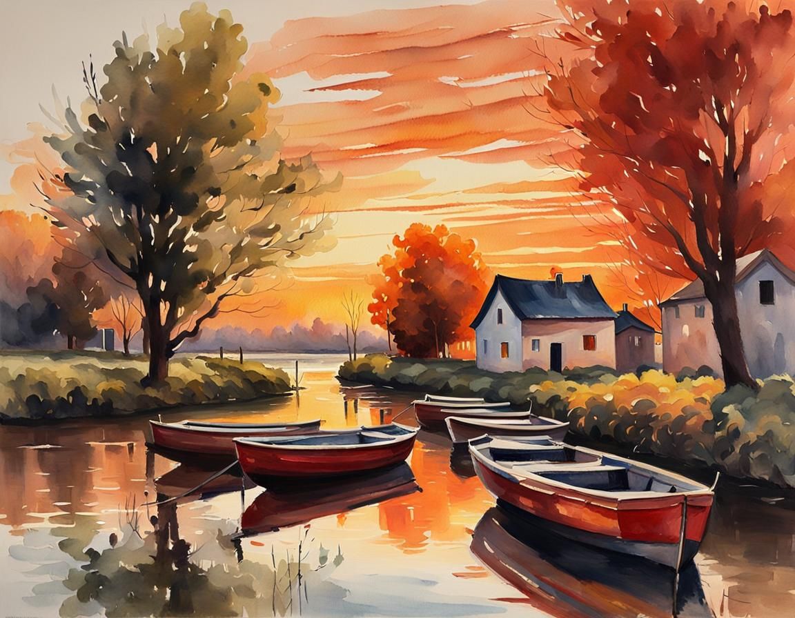 Impressionist River Scene at Sunset in Watercolor