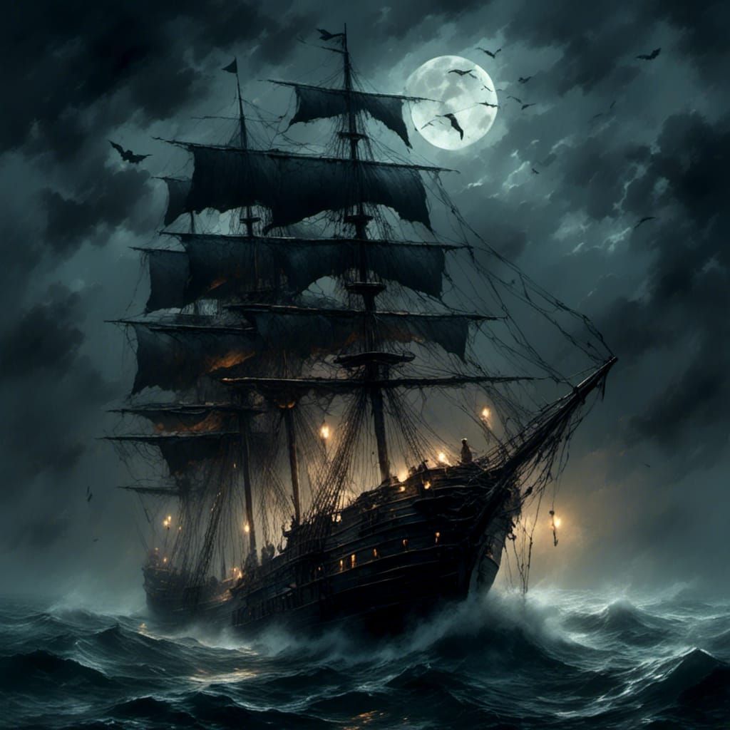 Eerie Ghost Ship Sailing in Dark Fantasy Style