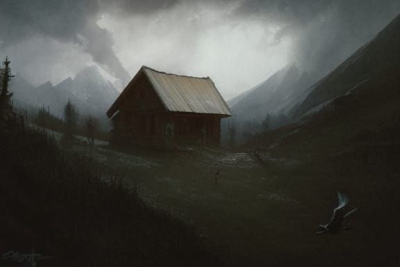 Watercolor Cabin in Alpine Valley with Ravens
