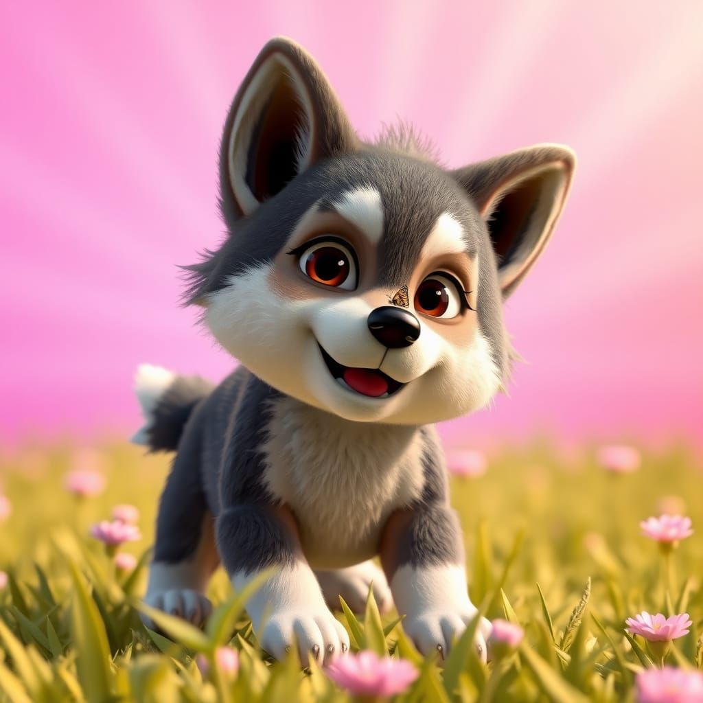 Chubby Wolf Puppy and Butterfly: 3D Digital Art