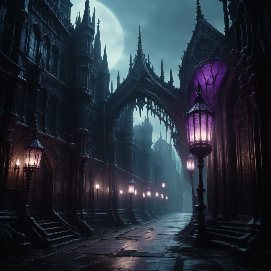 Gothic Dark Fantasy Street Scene Under Purple Lamps at Dusk