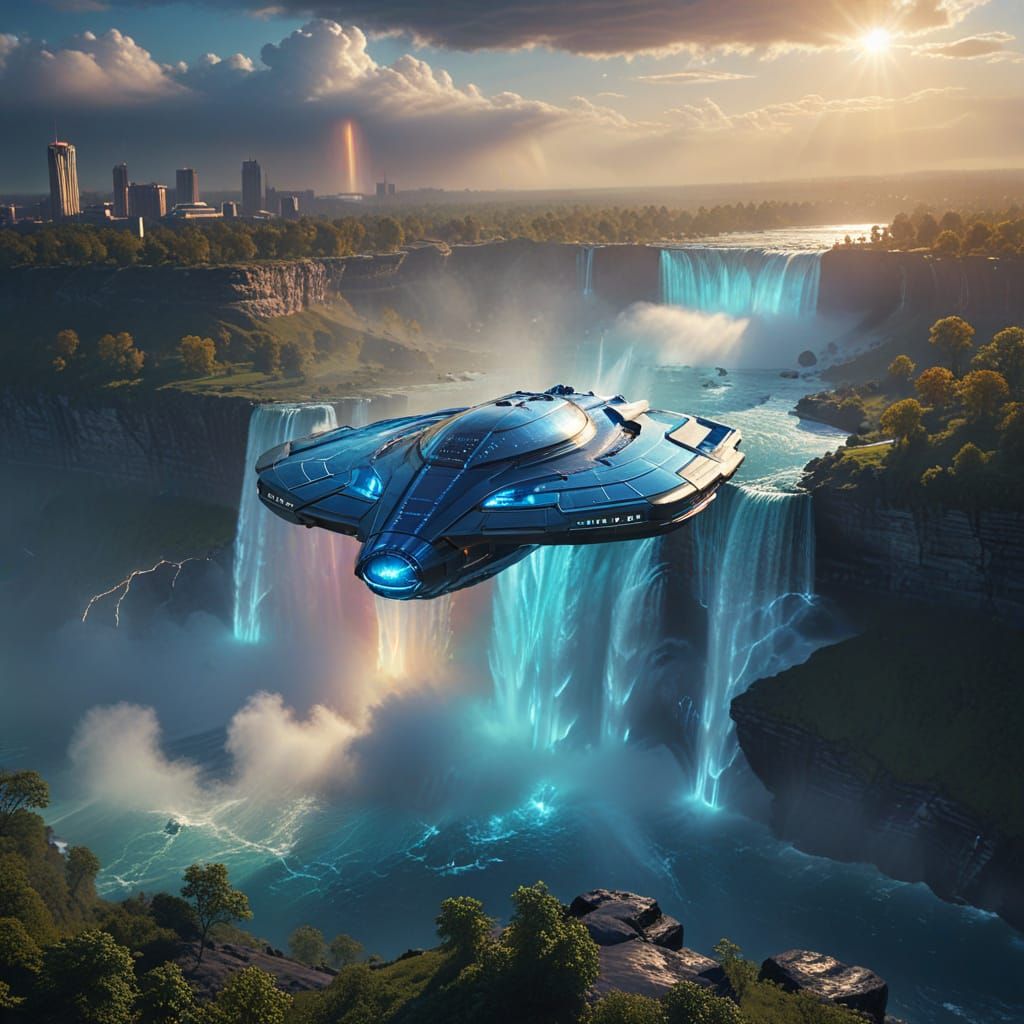 Cyberpunk Spaceship Dominates Niagara Falls in Vibrant 8K Ar...