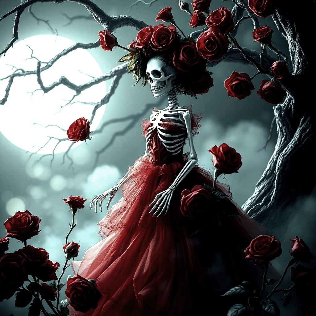 Fantastical Girl Skeleton in Vibrant Red Dress Amidst Roses
