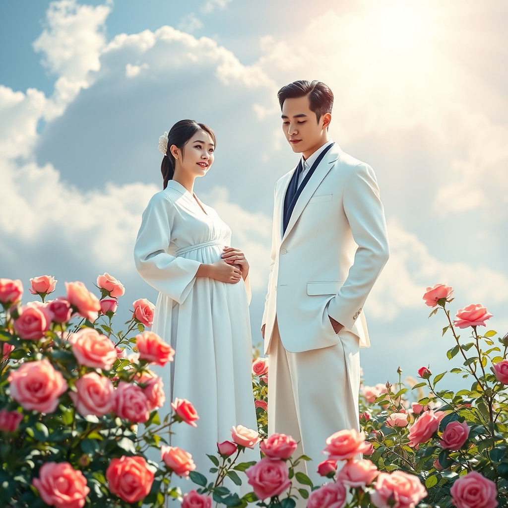 Korean Family in Winter Rose Garden with Divine Light