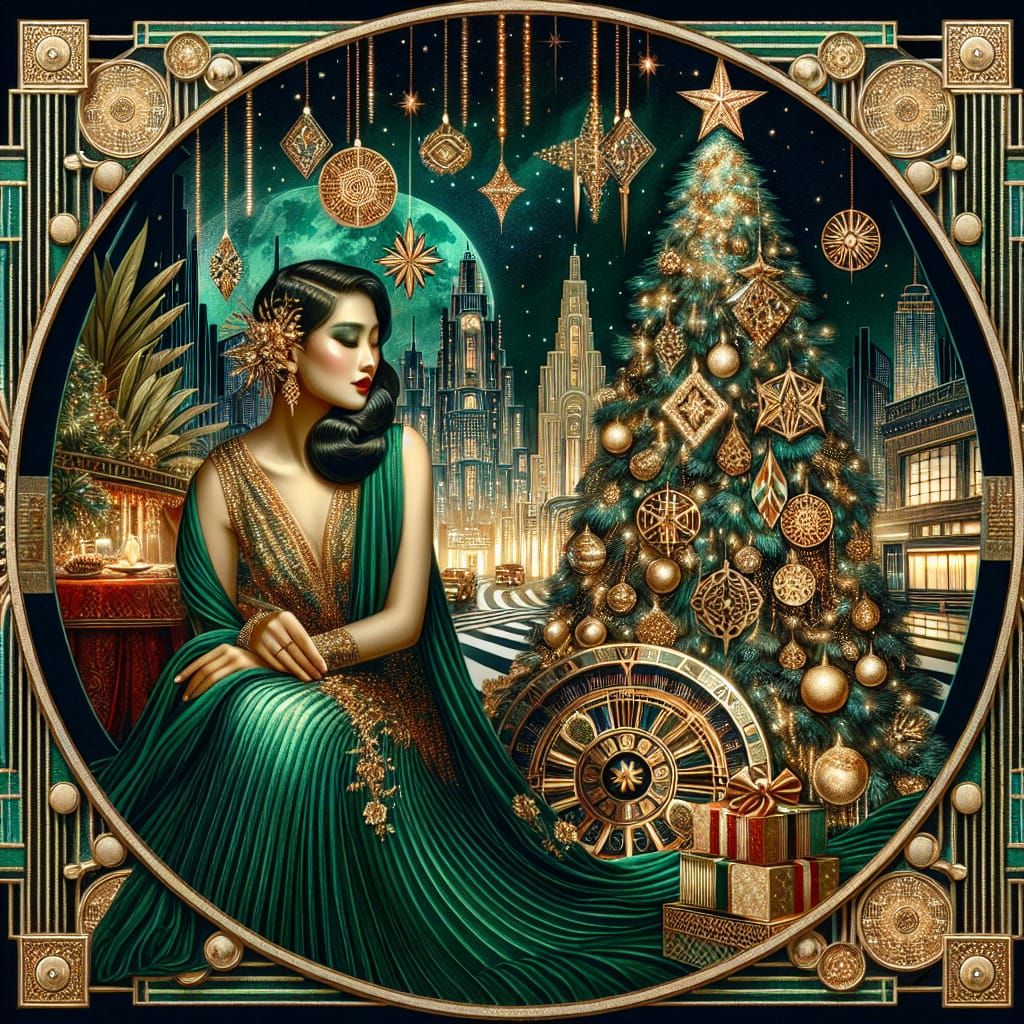 Art Deco Woman with Christmas Tree