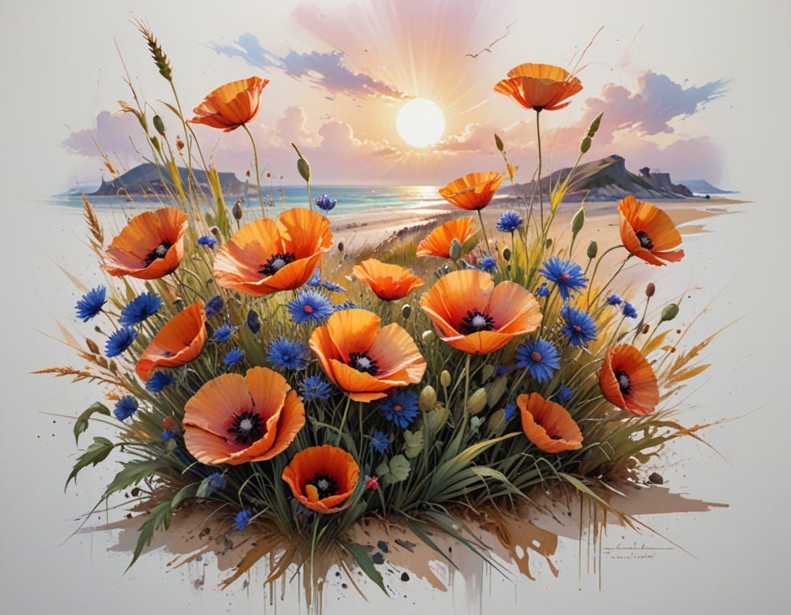 Summer Meadow Radiance: Oil Painting of Coastal Scene