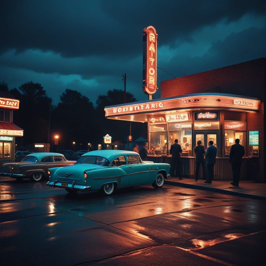 1950s Diner Scene with Classic Cars and People in Vintage Cl...