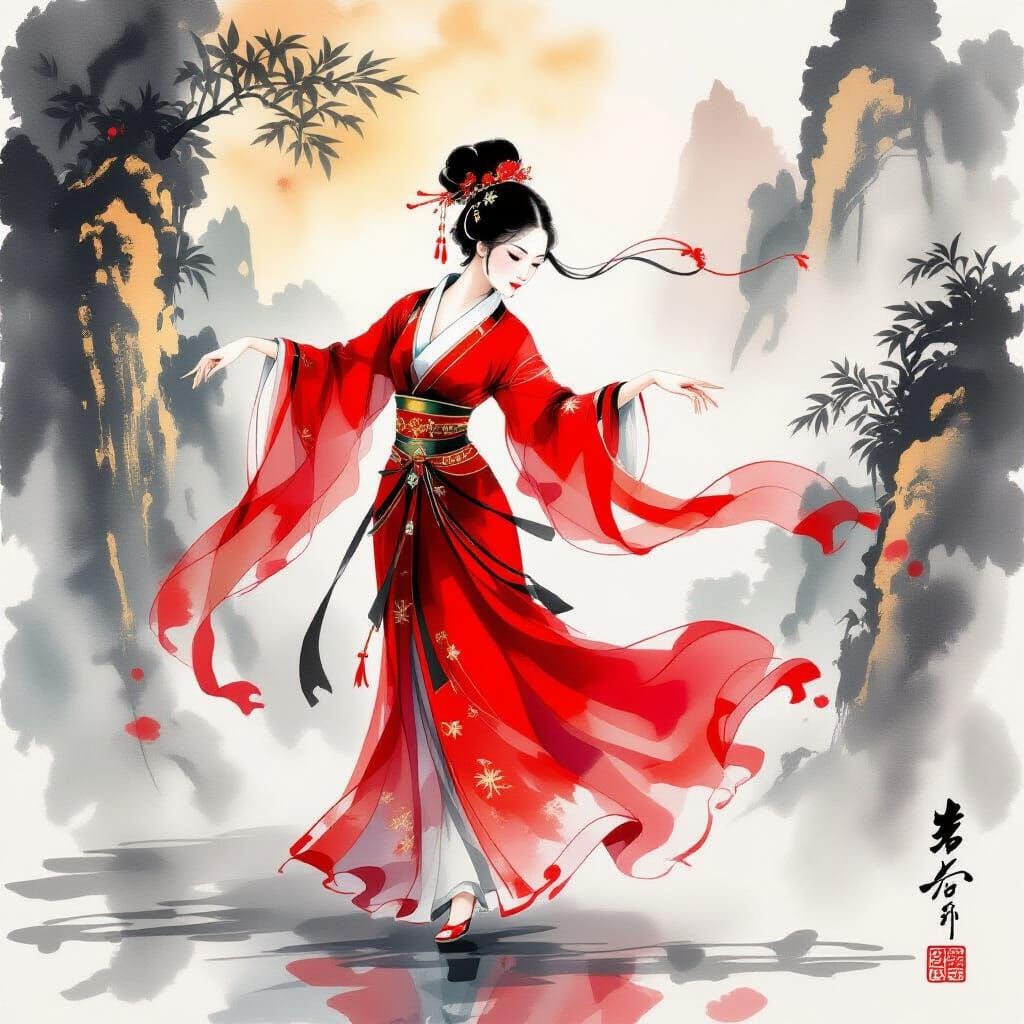 Elegant Dancer in Scarlet Silk Amidst Wind