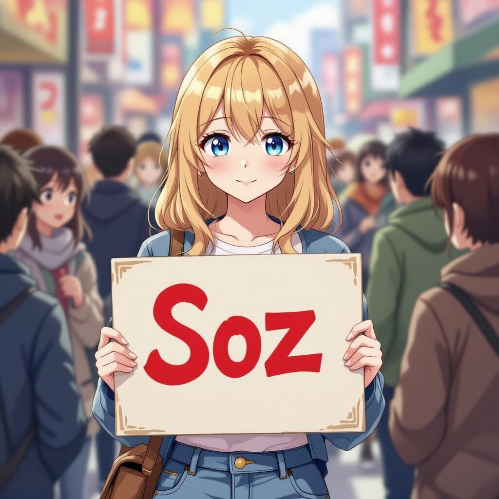 Anime Girl with Sheepish Grin Holds "Soz" Sign