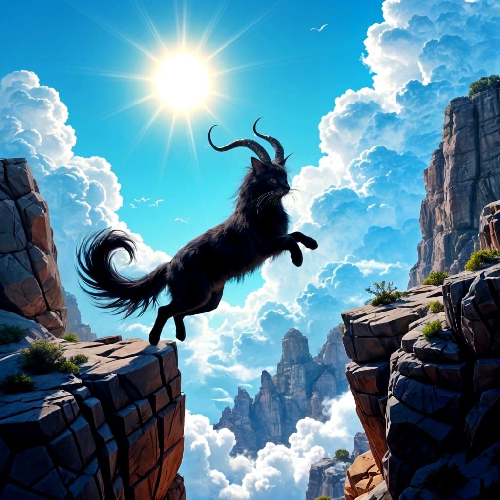 Elegant Horned Black Cat Leaps Across Mountain Cliffs