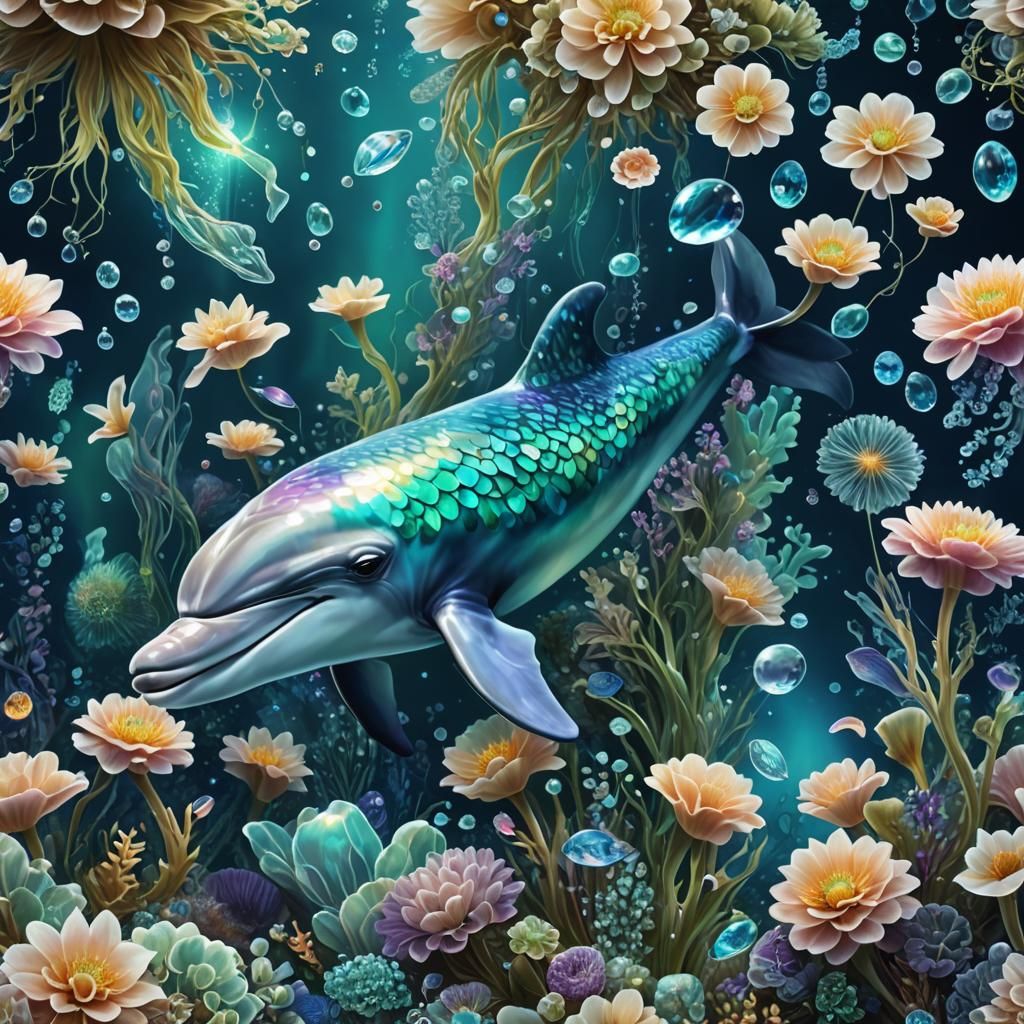 A dolphin with dragonscales on its skin surrounded by beauti...
