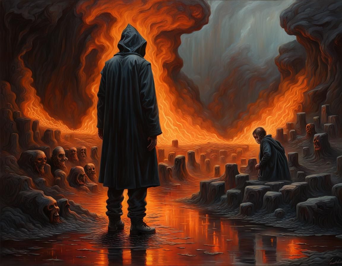 Hyperrealistic Hellscape Painting with Volumetric Lighting