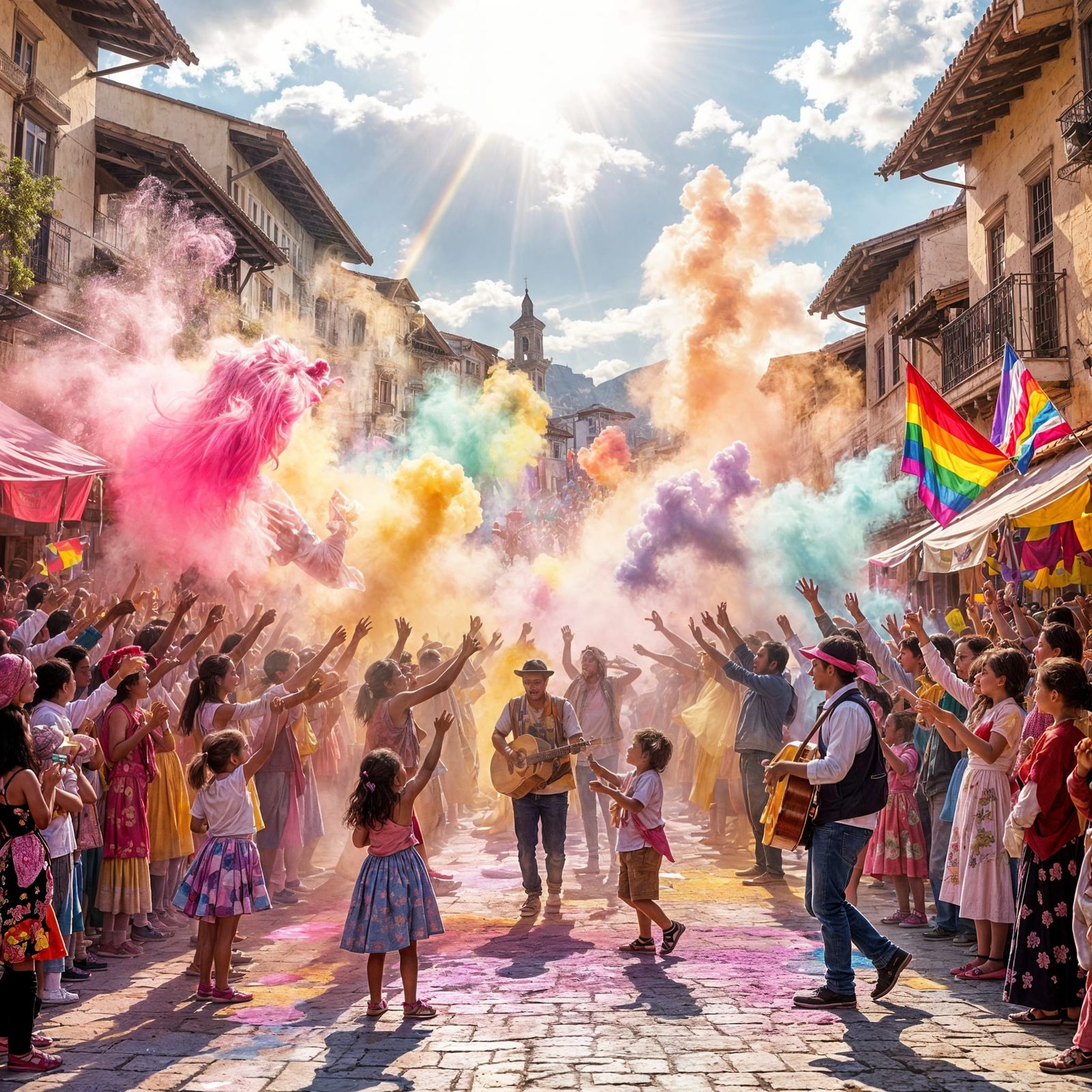 Vibrant Festival Square With Colorful Powder Throws