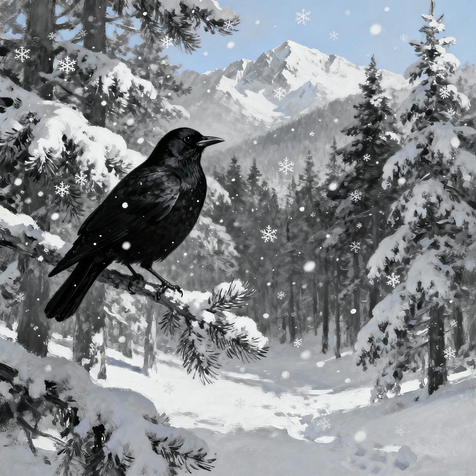Blackbird in Snowy Forest Landscape Oil Painting