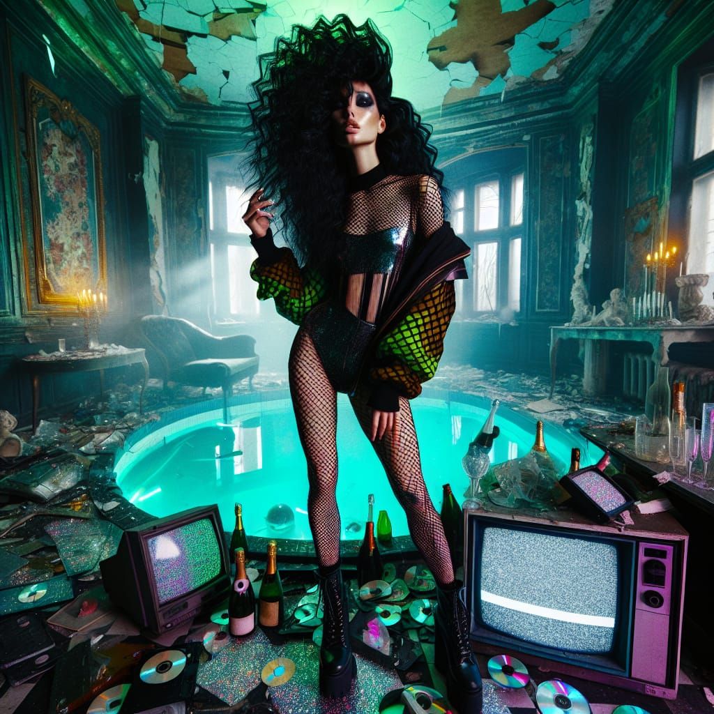 Edgy Woman Poses in Neon-Lit Decaying Mansion