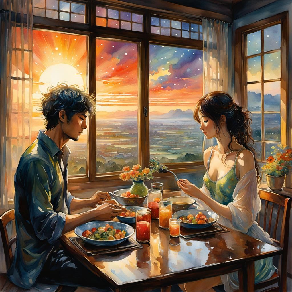 Anime Style Watercolor of Couple Dining at Sunset
