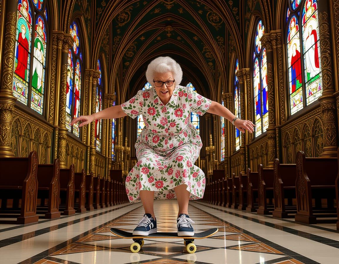 Grandma Skateboards Through Gothic Cathedral in Art Nouveau ...