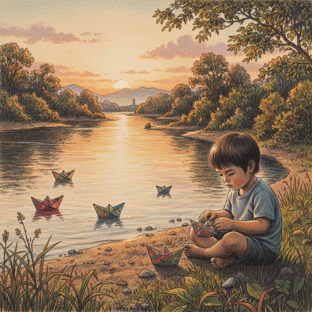 Child Folds Paper Boats by Riverbank in Golden Hour Light