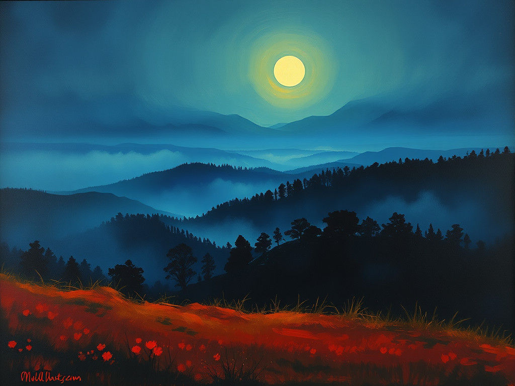 Nocturnal Landscape Painting at Dawn in Romantic Style