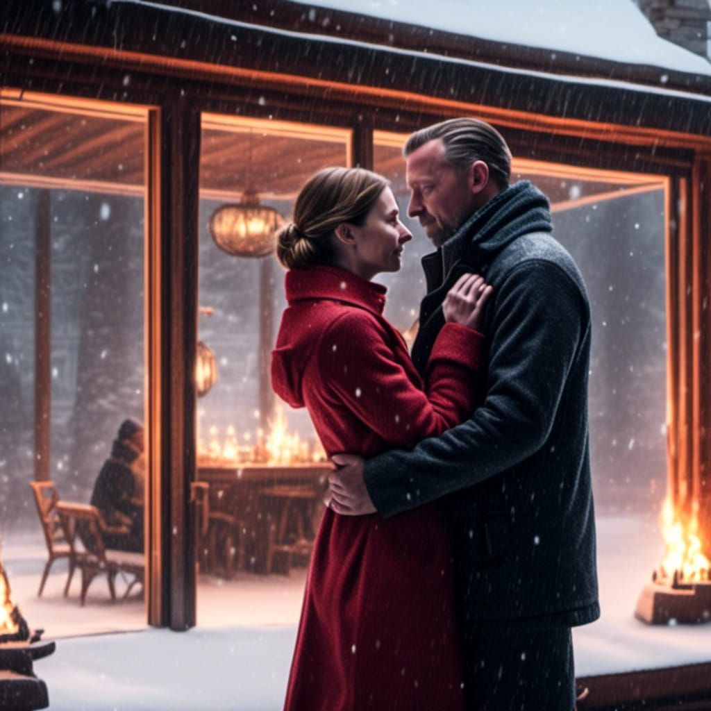 Couples Embrace in Snowy Glass Cabin
